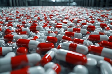 Fototapeta premium Industrial Pharmaceutical Production Line with Red Capsules