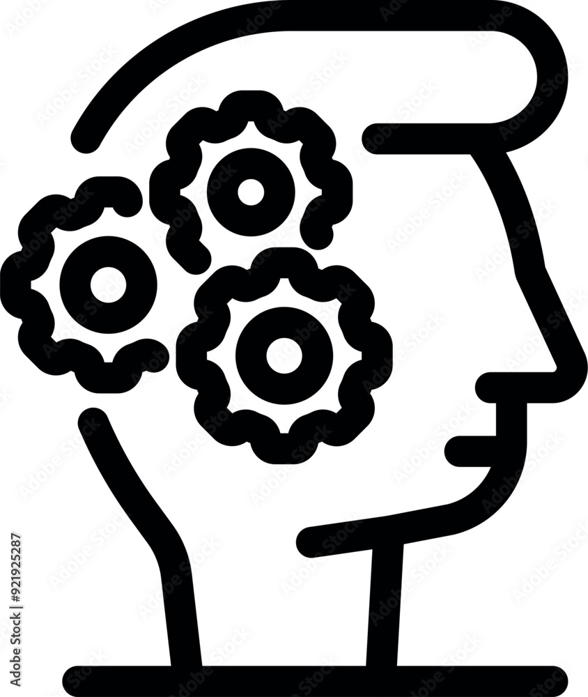 Poster human head profile with gears turning, symbolizing a brain actively engaged in thought and problem s