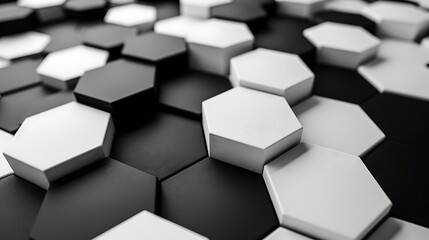 A detailed illustration of minimalist black and white hexagons arranged in a honeycomb pattern on a white background. High contrast, clean shapes, hd quality, sleek and modern. --ar 16:9 --v 6.