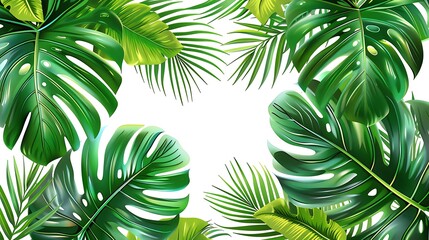 A detailed illustration of tropical leaves, featuring banana, monstera, and palm leaves, arranged artistically on a white background. Rich greens, detailed veins, hd quality, vibrant and lively look.