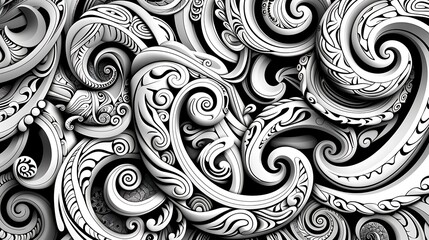 A detailed rendering of traditional Maori patterns in black and white, showcasing intricate line work and spiral motifs. High contrast, cultural richness, hd quality, traditional and striking.