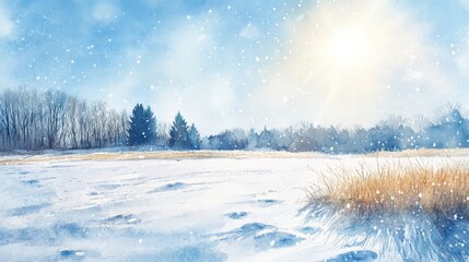 Fototapeta premium Beautiful winter landscape with a sunlit snowy field, trees, and gentle snowfall under a clear blue sky.
