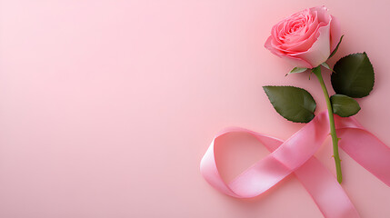 Rose and pink ribbon on a pink background with copy space, concept of celebrating femininity, breast cancer awareness backdrop