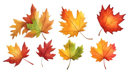 Obraz premium A beautiful set of seven watercolor autumn leaves showcasing vibrant fall colors in a detailed and realistic style.