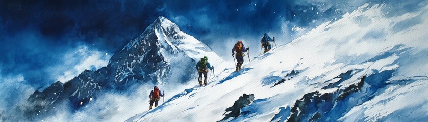 Climbers ascending a snow-covered mountain under a cloudy sky, showcasing the challenges and beauty of high-altitude mountaineering.