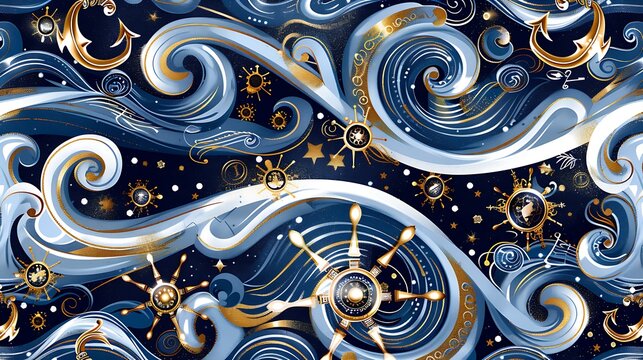 A dynamic nautical pattern with swirling waves, anchors, and ship wheels in bold shades of navy blue, white, and gold. High contrast, vibrant colors, hd quality, maritime and stylish. 