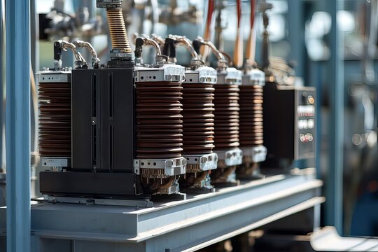 A transformer at an electrical substation. Transmission of electricity.
