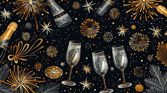 A festive New Year's Eve pattern with fireworks, champagne glasses, and confetti in vibrant colors like gold, silver, and black on a dark background. High contrast, sparkling elements, hd quality,