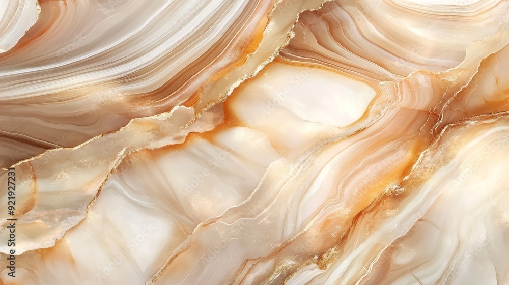 Poster a close-up view of a beautiful onyx stone with flowing patterns and warm hues of cream and orange.