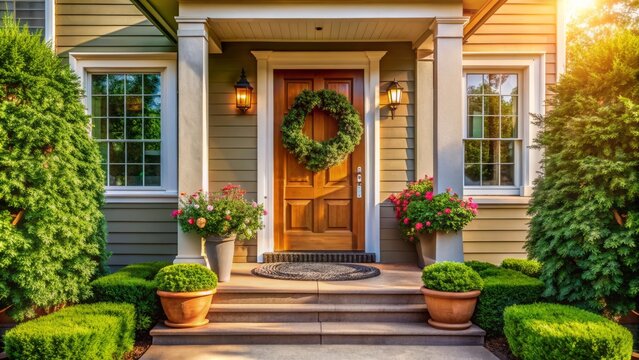 A serene welcome home scene featuring a warm and inviting front door with a wreath, surrounded by lush greenery and a sunny sidewalk.