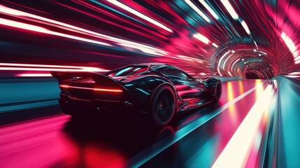 Futuristic Sports Car Speeding Through a Neon-Lit Tunnel at High Velocity