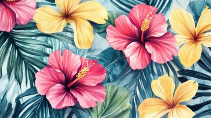 Colorful tropical hibiscus flowers with lush green leaves create a vibrant and exotic summer pattern on a light background.