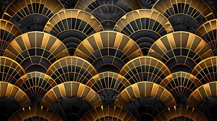 Naklejka premium A luxurious Art Deco design in gold and black, with intricate fan shapes and linear patterns. Rich contrasts, elegant, hd quality, classic and glamorous. --ar 16:9 --v 6.0 --s 250 --style raw