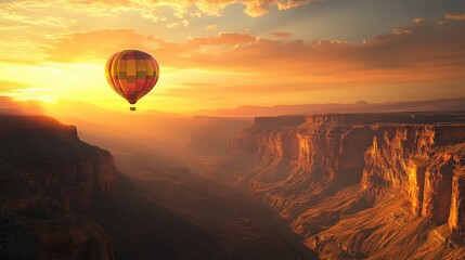 Fototapeta premium Hot Air Balloon Floating Over a Vast Canyon During a Glorious Sunset