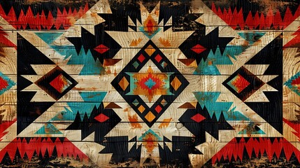 A modern take on Native American patterns featuring bold zigzags, diamonds, and earthy colors like brown, red, and turquoise. High contrast, intricate details, hd quality, cultural and traditional.