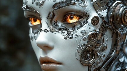 Hyper-Realistic Portrait of a Cyborg Woman with Mechanical Enhancements and Glowing Eyes