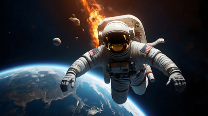 Astronaut's Descent: 3D Illustration of Atmospheric Re-Entry Amidst Space Debris