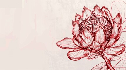 Red protea flower. Sketchy red line drawing on beige background