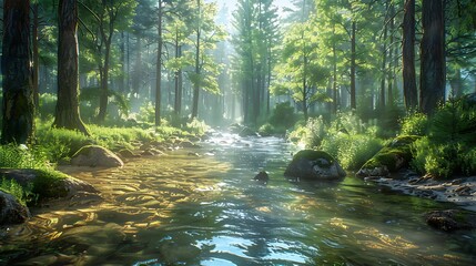 Fototapeta premium A peaceful forest scene with towering pine trees, dappled sunlight filtering through the leaves, and a meandering stream with crystal-clear water. Rich greens, detailed textures, hd quality,