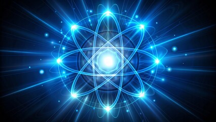 Fototapeta premium A stylized fusion icon, blending atomic and digital elements, symbolizing the powerful combination of technology and energy in a vibrant, electric blue design.