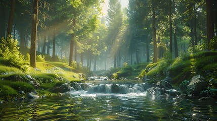Obraz premium A peaceful forest scene with towering pine trees, dappled sunlight filtering through the leaves, and a meandering stream with crystal-clear water. Rich greens, detailed textures, hd quality,