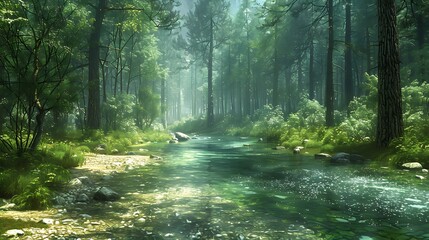 Fototapeta premium A peaceful forest scene with towering pine trees, dappled sunlight filtering through the leaves, and a meandering stream with crystal-clear water. Rich greens, detailed textures, hd quality,