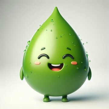 Advertising - product photo of high detailed 3D cartoon character of a smiling green drop