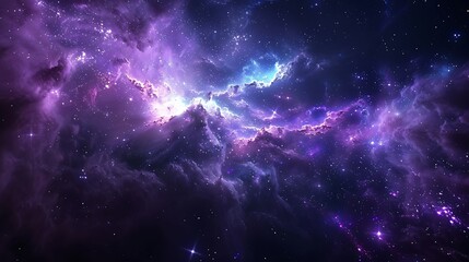 Fototapeta premium A photograph-like rendering of a nebula with rich hues of purple and blue, illuminated by bright stars, creating a mesmerizing cosmic landscape. High contrast, vivid colors, hd quality,