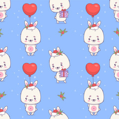 Seamless pattern with Christmas cute bunny in Santa hat with gift box ang and balloon on blue background with holly. Festive funny Christmassy kawaii animal character. Vector illustration