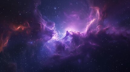 Obraz premium A photograph-like rendering of a nebula with rich hues of purple and blue, illuminated by bright stars, creating a mesmerizing cosmic landscape. High contrast, vivid colors, hd quality,
