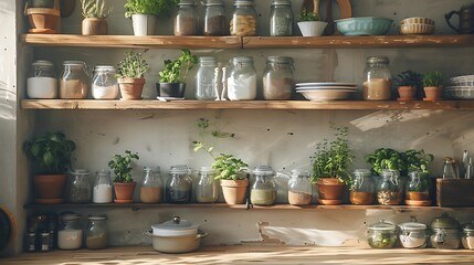 Obraz premium A rustic kitchen setting with wooden shelves filled with mason jars, fresh herbs, and vintage kitchenware, bathed in warm natural light. Earthy tones, detailed textures, hd quality, cozy and charming.