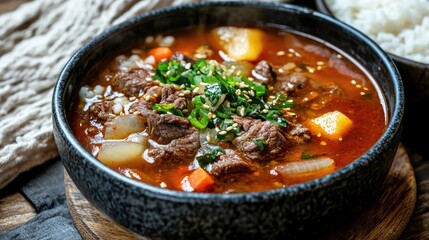 Korean beef soup (seolleongtang) with tender beef and rice. Perfect for traditional meal posts