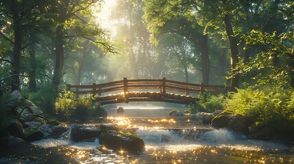 A serene forest scene with a rustic wooden bridge over a bubbling stream, surrounded by lush greenery and dappled sunlight. Natural colors, detailed textures, hd quality, peaceful and charming.