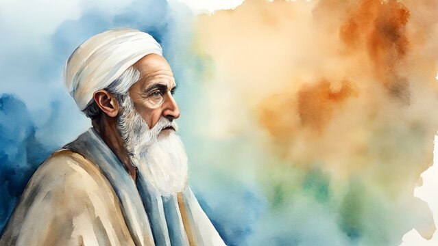 Water color painting of  Spanish polymath and jurist Averroes ibn e Rushd for quotes writing with blank canvas and space 
