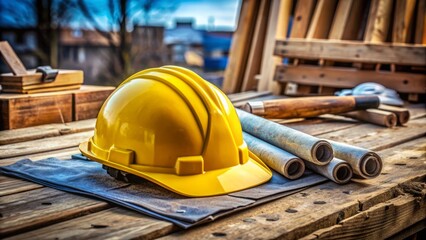 A worn yellow hard hat sits atop a weathered wooden beam, surrounded by scattered blueprints and tools, conveying a sense of trust and reliability on a construction site.