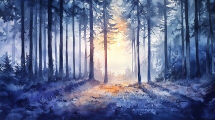 Obraz premium Enchanting forest scene illuminated by sunlight breaking through trees, casting a magical glow over the misty woodland landscape.