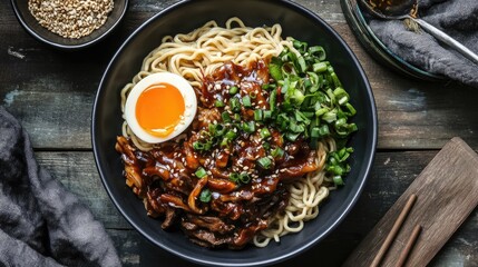 Korean soy sauce noodles (jajangmyeon) with a glossy sauce and vegetables. Ideal for meal prep ideas