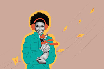 Composite photo collage of happy american girl hold puppy animal autumn walk windy weather leaves season isolated on painted background