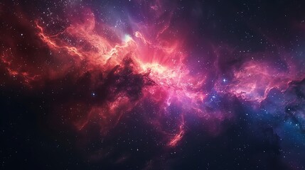 Naklejka premium A stunning cosmic scene featuring a vibrant nebula with swirling colors and countless stars scattered across the deep blackness of space. High contrast, vivid colors, hd quality,
