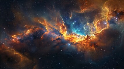 A stunning cosmic scene featuring a vibrant nebula with swirling colors and countless stars scattered across the deep blackness of space. High contrast, vivid colors, hd quality,