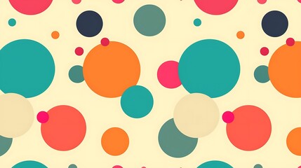 A stylish pattern with retro polka dots in bright colors like orange, teal, and magenta on a pale yellow background. High contrast, playful and retro, hd quality, cheerful and lively. --ar 16:9 --v 6.
