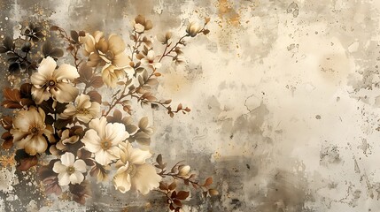 A stylized design of vintage floral patterns, including violets and daisies in muted tones, with an antique finish on a distressed background. Elegant details, nostalgic charm, hd quality,
