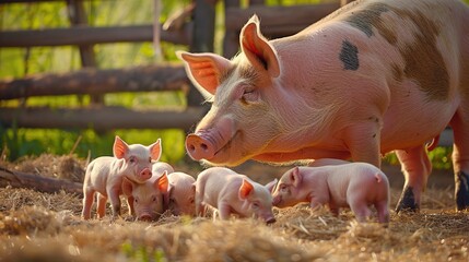 Female Pig With Baby Piglets Outdoors On Livestock Farm