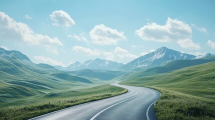 Fototapeta premium Scenic mountain road with sweeping curves and distant peaks surrounded by open space. Ideal for travel guides and exploration themes