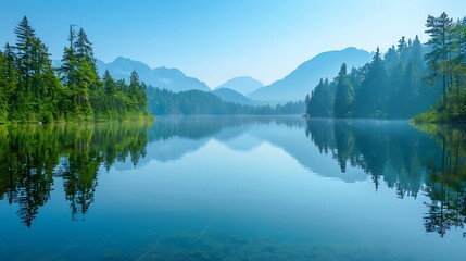 Fototapeta premium A tranquil lakeside view with a mirror-like surface reflecting the surrounding pine trees and mountains, with a clear blue sky overhead. High contrast, vivid colors, hd quality,