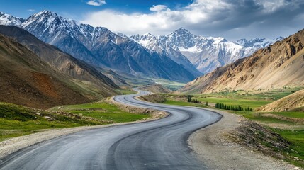 Scenic mountain road with sweeping curves and distant peaks surrounded by open space. Ideal for travel guides and exploration themes