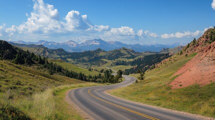 Fototapeta premium Scenic mountain road with sweeping curves and distant peaks, surrounded by open space. Great for travel and outdoor content