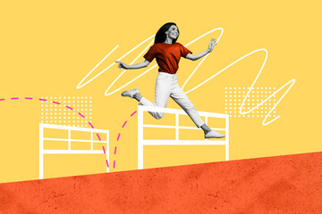 Image collage picture of cheerful happy woman running jumping up isolated on painted creative...