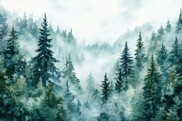 Fototapeta premium Misty evergreen forest landscape with dense pine trees and fog creating a serene and mysterious atmosphere.