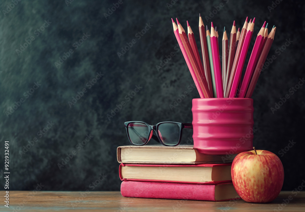 Poster stack of books, reading glasses, and pencils on a table in front of a blackboard for back to school 
